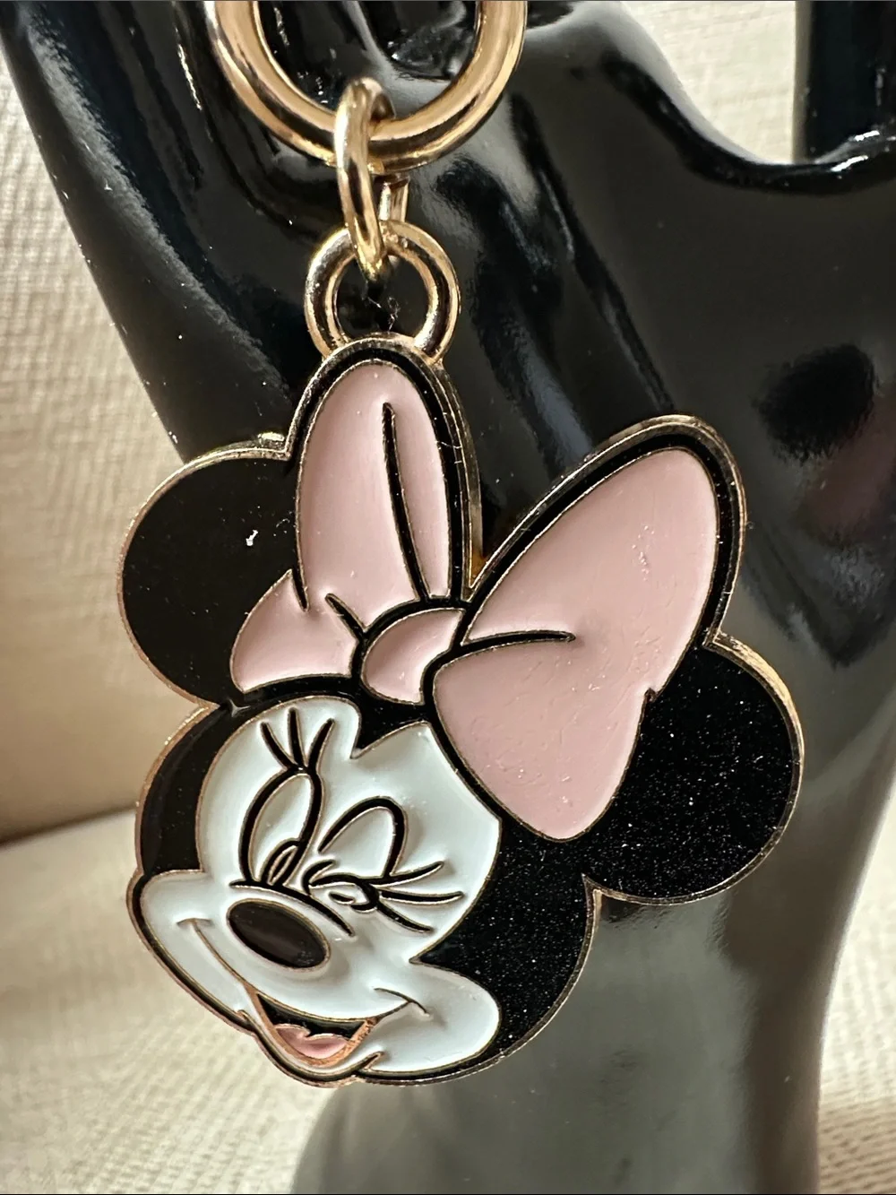 Disney Minnie Mouse Pink & Black Enamel Keychain Charm with Gold Hardware
